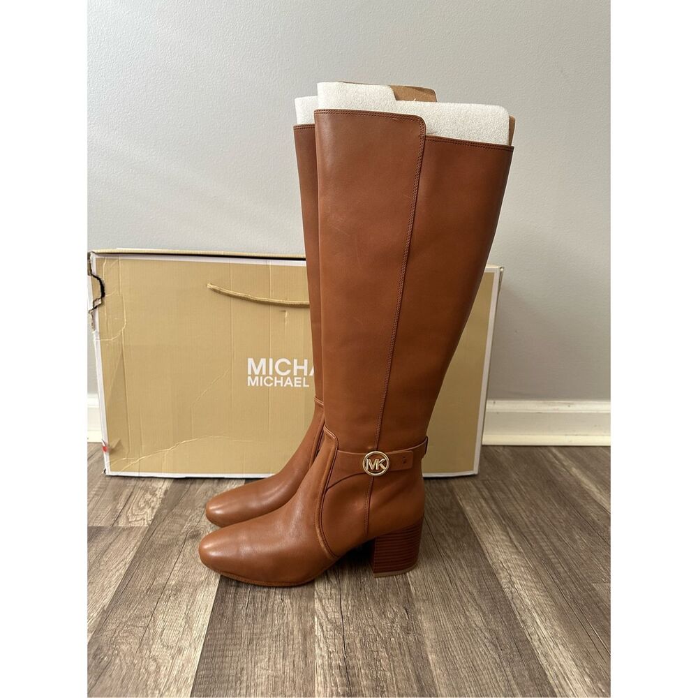 Michael Kors Side Zip Logo Buckle Carmen Leather Tall Riding Boots Luggage Sz 7 - Picture 8 of 9